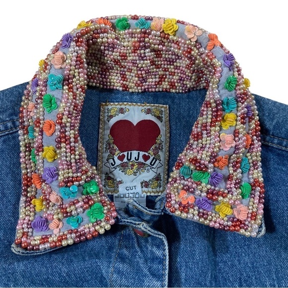 Vintage JouJou 80s 90s Rainbow Candy Look Sequin Beaded Collar Denim Vest ML - Picture 2 of 11